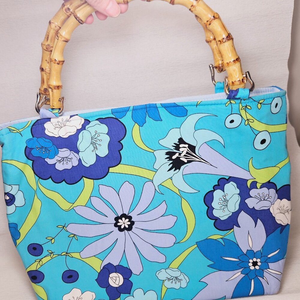 Handbag Blue Tropical Floral Fabric Summer Bamboo Handles Rachel & Co NY
